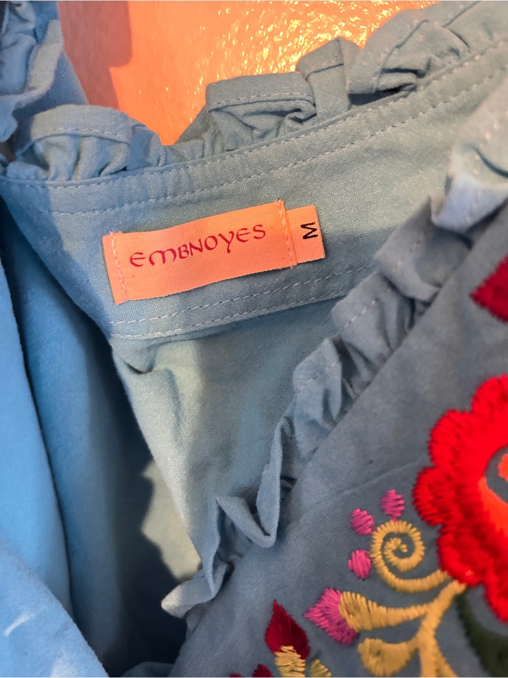 Summer Fun - Lovely Turquoise Embroidered V-Neck Cotton Dress - Picture 3 of 4